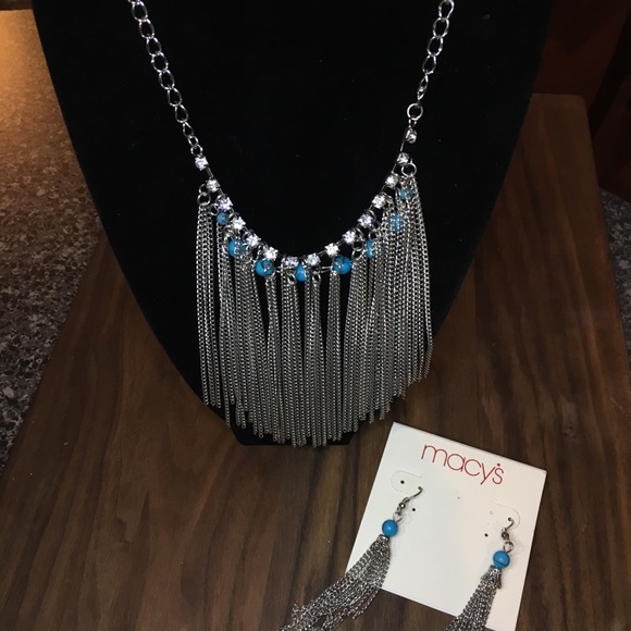 Silver & Turquoise Fringe Necklace/Earrings - Picture 5 of 10